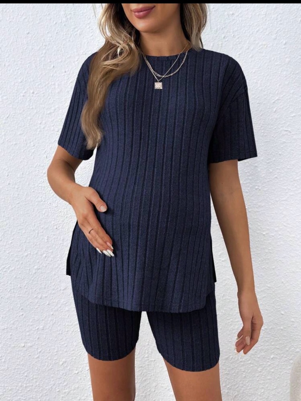 Maternity Round Neck Shirt W/ Adjustable Elastic Waistband Shorts Two-Piece Set